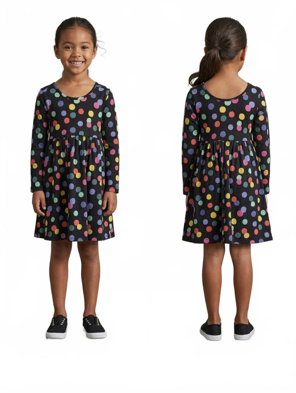 Hanna Andersson Girls Long Sleeve Skater Dress Organic Cotton Color Black Multi-